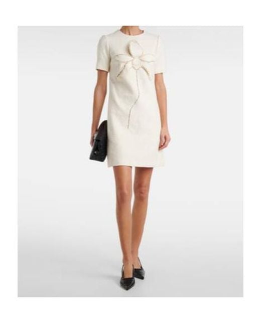 Oscar de la Renta White Orchid Embroidered Cotton Tweed Shift Dress