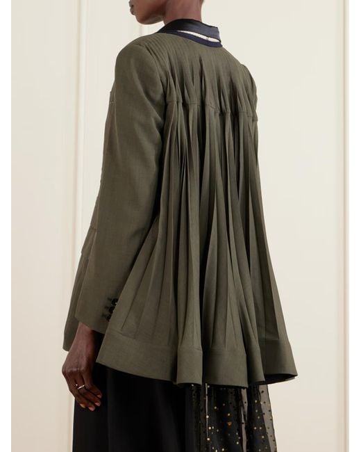 Sacai Green Double-Breasted Pleated Embroidered Suit Jacket