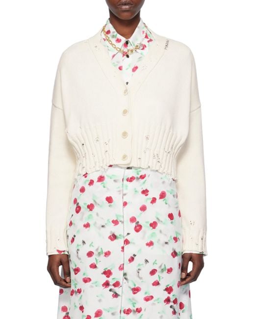 Marni White Distressed Cropped Knitted Cardigan