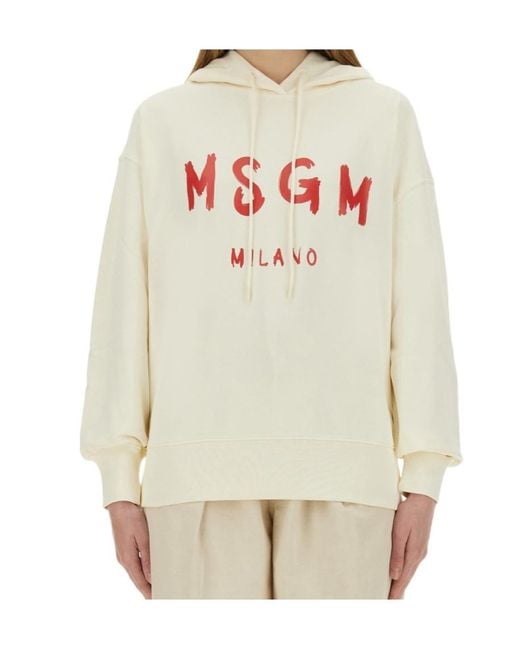 MSGM White Brushed Logo Hooded Sweatshirt