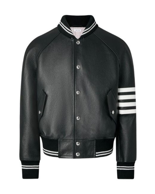 Thom Browne Black Raglan-Sleeve Striped Leather Jacket for men
