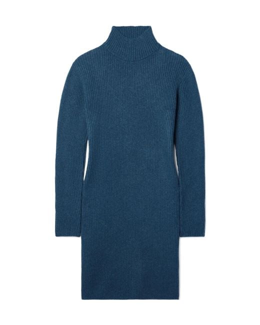 The Elder Statesman Blue Ribbed Cashmere Midi Dress