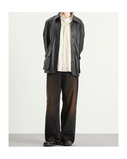 Auralee Gray Buttoned Leather Jacket for men