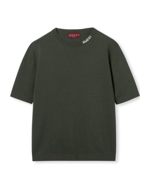 Gucci Green Silk Cotton Knit T-Shirt With Intarsia for men