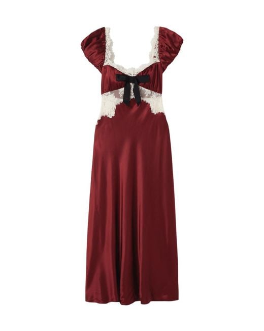 Doen Red Veda Bow-Detailed Corded Lace-Trimmed Silk-Charmeuse Midi Dress
