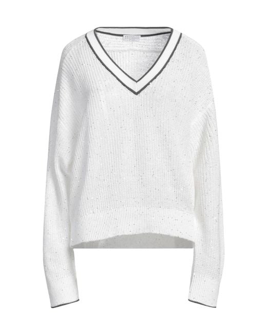 Brunello Cucinelli White V-Neck Sweater