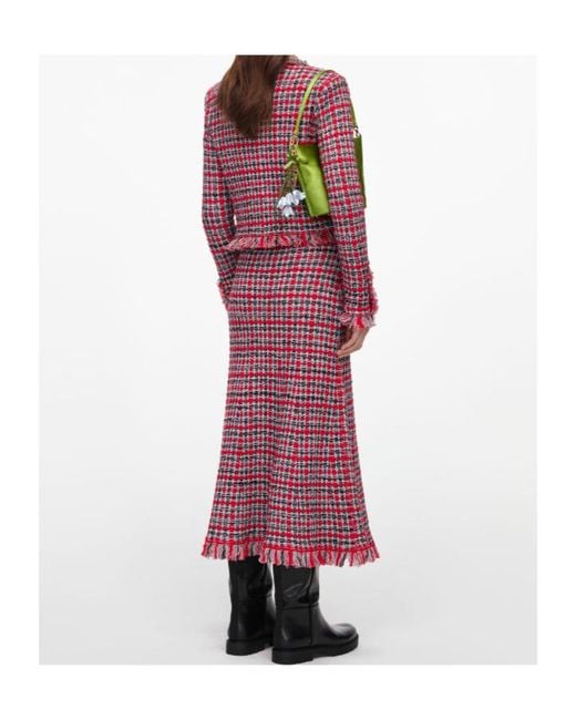 Self-Portrait Red Check Frayed Knit Midi Skirt