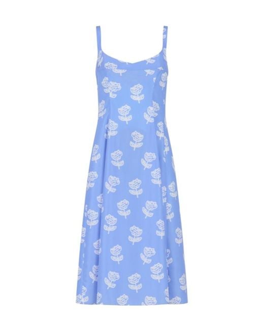 Marni Blue Light Poplin Flared Dress With Sprayed Roses Print