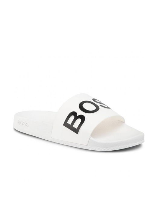 Boss White Logo Letter Slippers for men