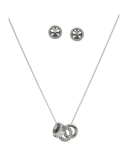Tory Burch White Miller Embellished Chained Necklace Earrings Set