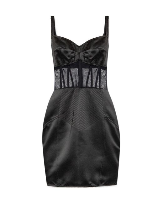 Dolce & Gabbana Black Boned Bodice Panelled Mini Satin Dress