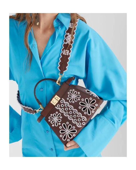 Fendi Brown Mini Peekaboo Flower Design Tote Bag