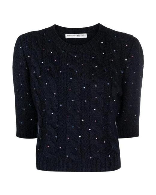 Alessandra Rich Blue Sequin-Embellished Knitted Top