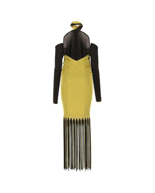 Bottega Veneta Yellow Halterneck Ribbed Fringed Dress