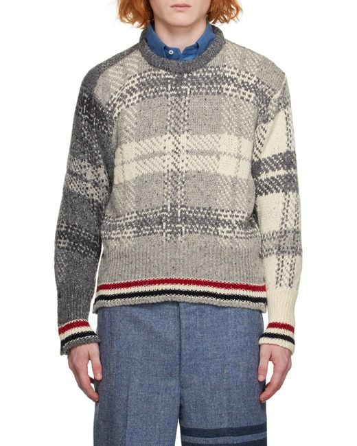 Thom Browne Gray Tartan Printed Ribbed Pullover for men
