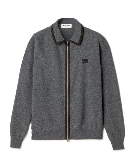 Miu Miu Gray Wool And Cashmere Cardigan With Suede Details