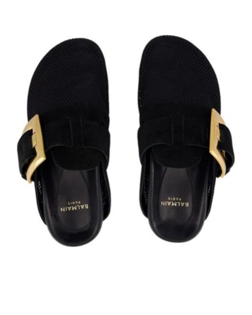 Balmain Black Anthem Square-Buckle Flat Mules