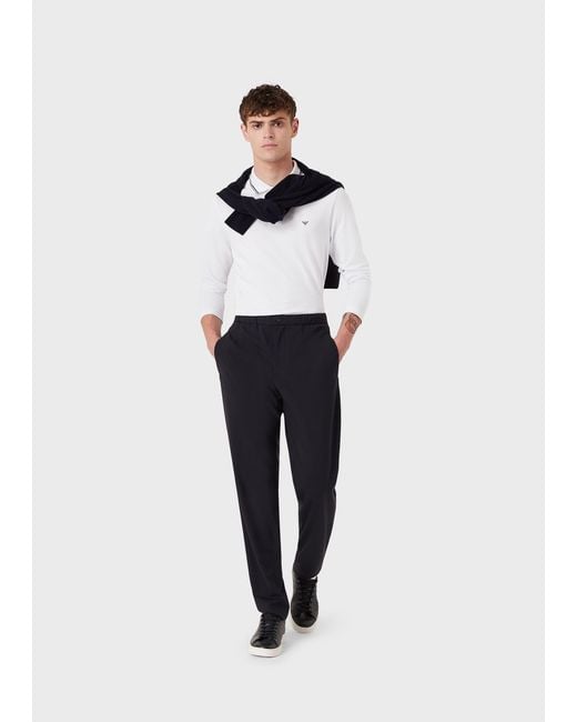 Emporio Armani White Eagle Embroidered Long-Sleeved Polo Shirt for men