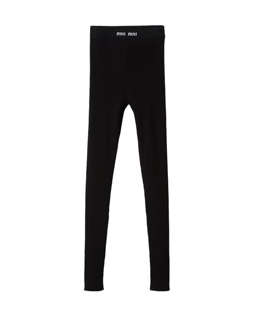 Miu Miu Black High Waist Logo Band Ribbed Leggings