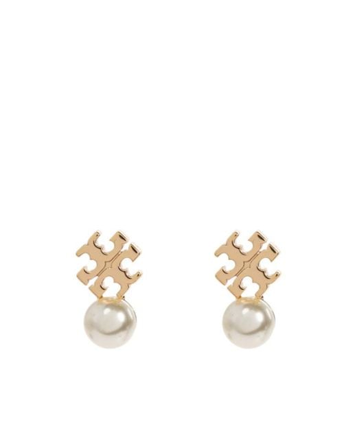 Tory Burch Metallic Moondance Logo And Pearl Stud Earrings