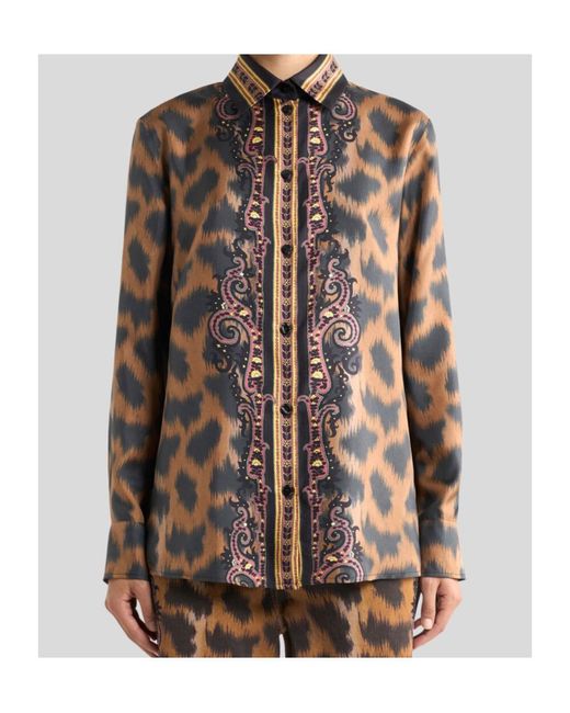 Etro Brown Silk Twill Shirt With Animal Motif