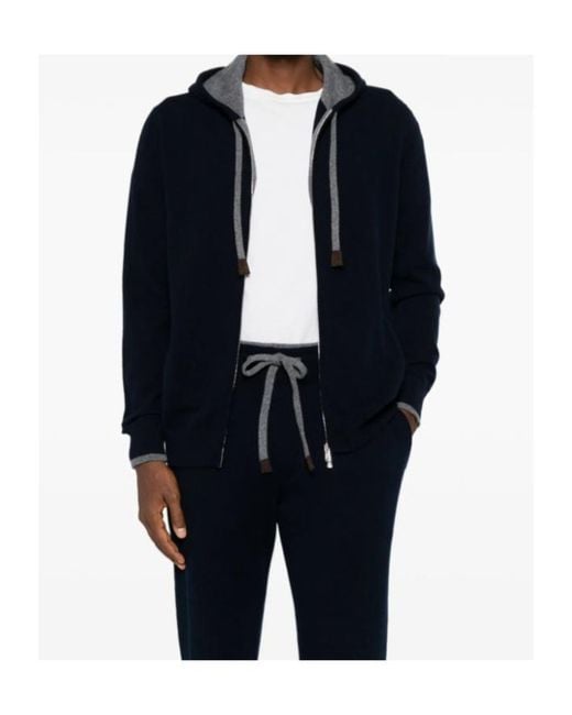 Fedeli Blue Zip-Up Drawstring Knitted Hoodie for men