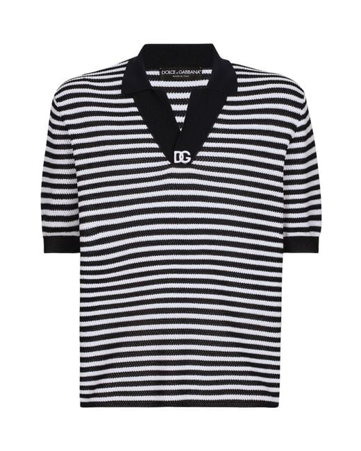 Dolce & Gabbana Blue Dg Logo Embroidered Striped V-Neck Polo Shirt for men