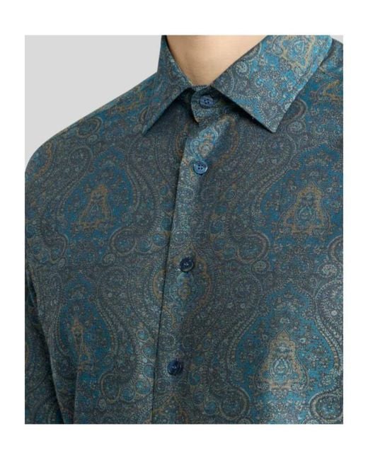 Etro Blue Cotton Jacquard Shirt With Ornamental Motif for men