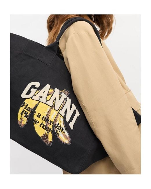 Ganni Black Xxl Banana Printed Tote Bag