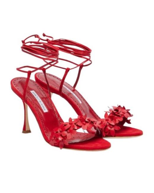 Manolo Blahnik Red Elegant Floral Decor High Heel Sandals