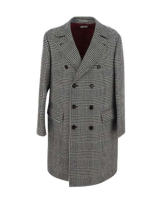 Brunello Cucinelli Gray Long-Sleeved Double-Breasted Checked Coat for men
