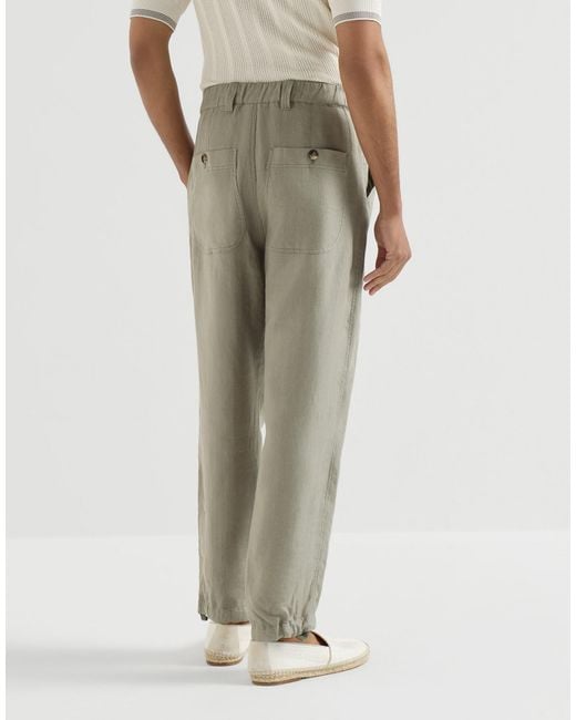 Brunello Cucinelli Gray Linen Micro Chevron Trousers With Drawstrings for men