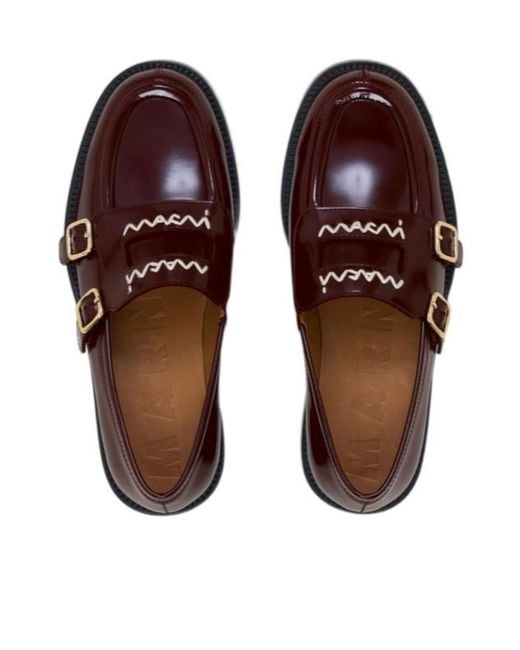 Marni Brown Burgundy Leather Loafer With Double Buckle