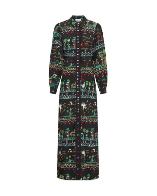 Hayley Menzies Green Printed Maxi Silk Shirt Dress