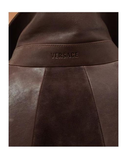 Versace Brown Geometric Panelled Leather Jacket for men