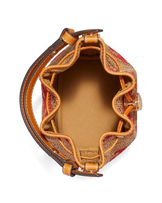 Tory Burch Red T Monogram Straw Mini Bucket Bag