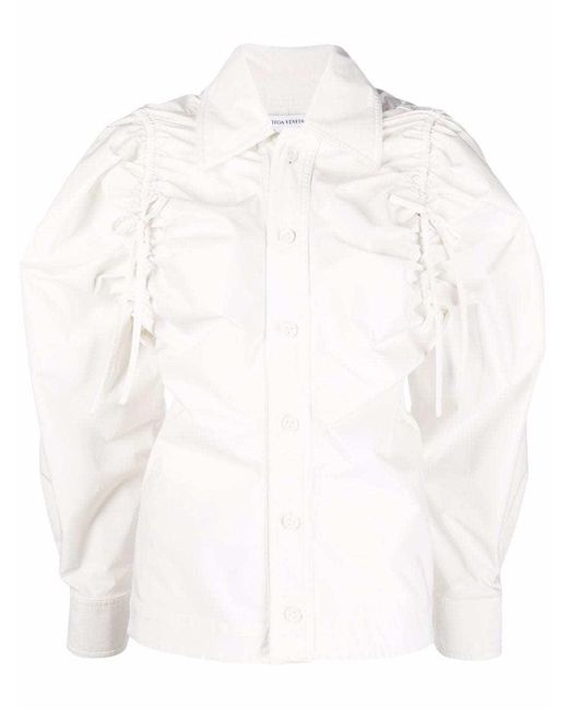 Bottega Veneta White Tie-Gathered Balloon Sleeve Shirt