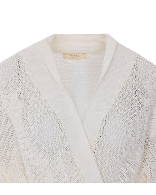 Twinset White Belted Embroidered Knit Cardigan
