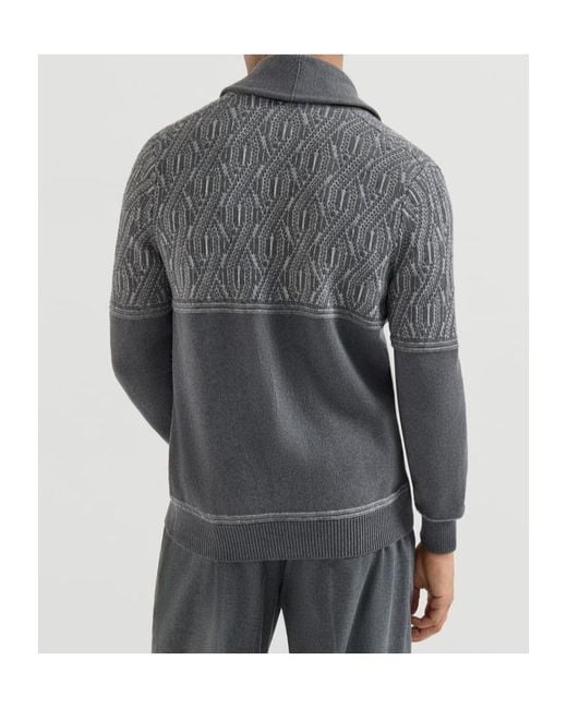 Brunello Cucinelli Gray Cotton Shawl-Collar Cardigan With Jacquard Cable Shoulder for men