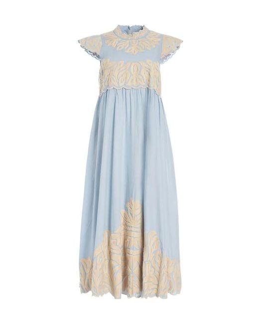 Sea Blue Alexandra Embroidery Cap-Sleeve Midi Dress