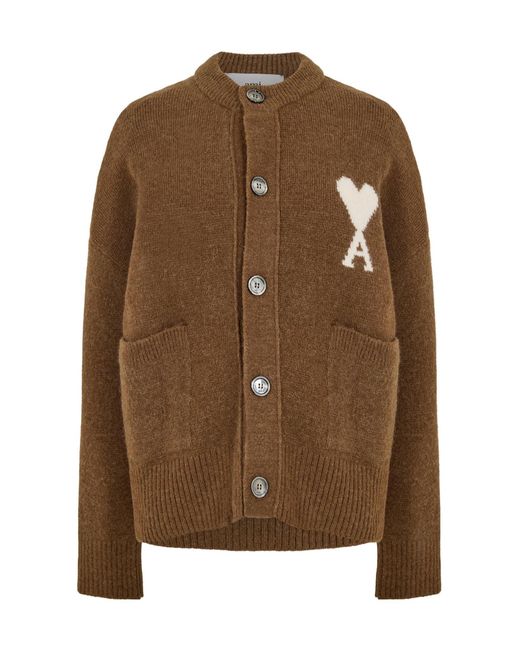 AMI Brown Round-Neck Knit Cardigan