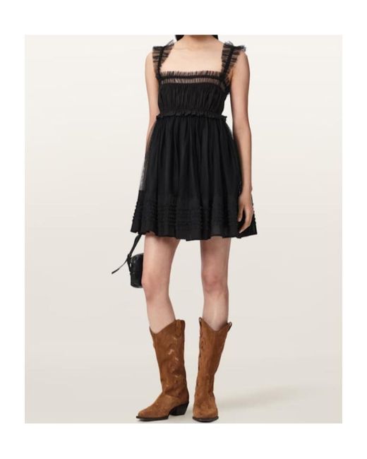AllSaints Black Angela Gathered Frill Mini Dress