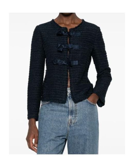 Emporio Armani Blue Bow-Detail Frayed-Edge Jacket