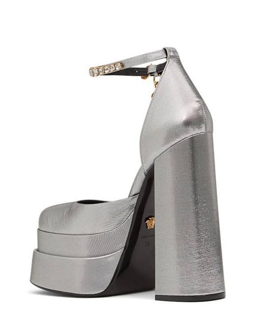 Versace Gray Block Heel Mules With Ankle Strap