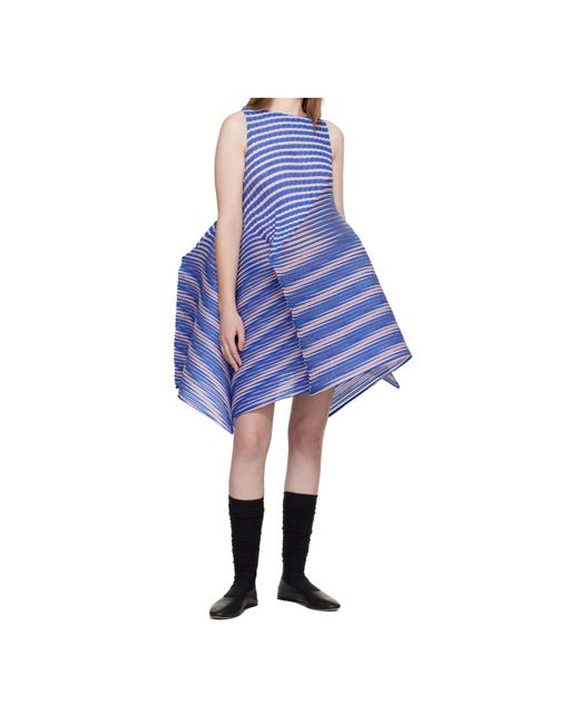 Issey Miyake Blue Striped Asymmetric Dress