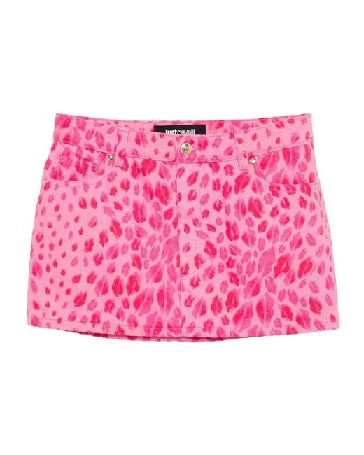 Just Cavalli Pink Animal-Print Denim Mini Skirt