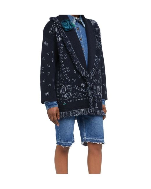 Alanui Blue Paisley-Jacquard Fringe Coat