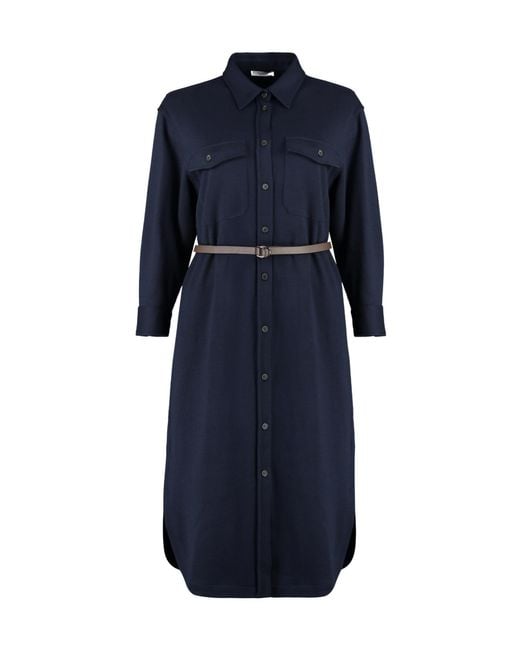 Peserico Blue Belted Flap-Pocket Midi Shirt Dress