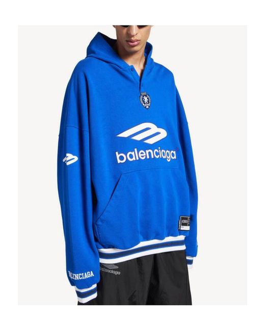 Balenciaga Blue Logo Patch Hooded Sweatshirt for men