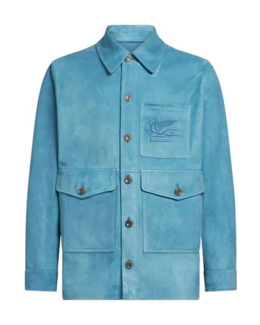 Etro Blue Suede Overshirt With Pegaso for men